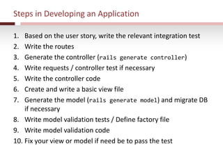 Steps in Developing an Application
1. Based on the user story, write the relevant integration test
2. Write the routes
3. Generate the controller (rails generate controller)
4. Write requests / controller test if necessary
5. Write the controller code
6. Create and write a basic view file
7. Generate the model (rails generate model) and migrate DB
if necessary
8. Write model validation tests / Define factory file
9. Write model validation code
10. Fix your view or model if need be to pass the test
 