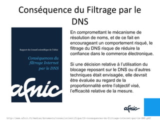 Conséquence du Filtrage par le
DNS
En compromettant le mécanisme de
résolution de noms, et de ce fait en
encourageant un c...