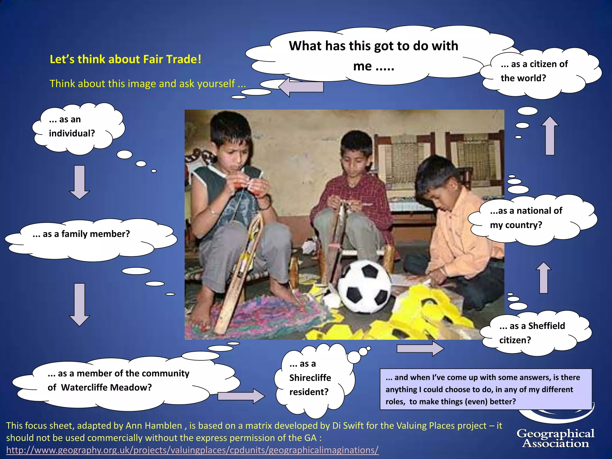 This focus sheet, adapted by Ann Hamblen , is based on a matrix developed by Di Swift for the Valuing Places project – it should not be used commercially without the express permission of the GA : http://www.geography.org.uk/projects/valuingplaces/cpdunits/geographicalimaginations/
