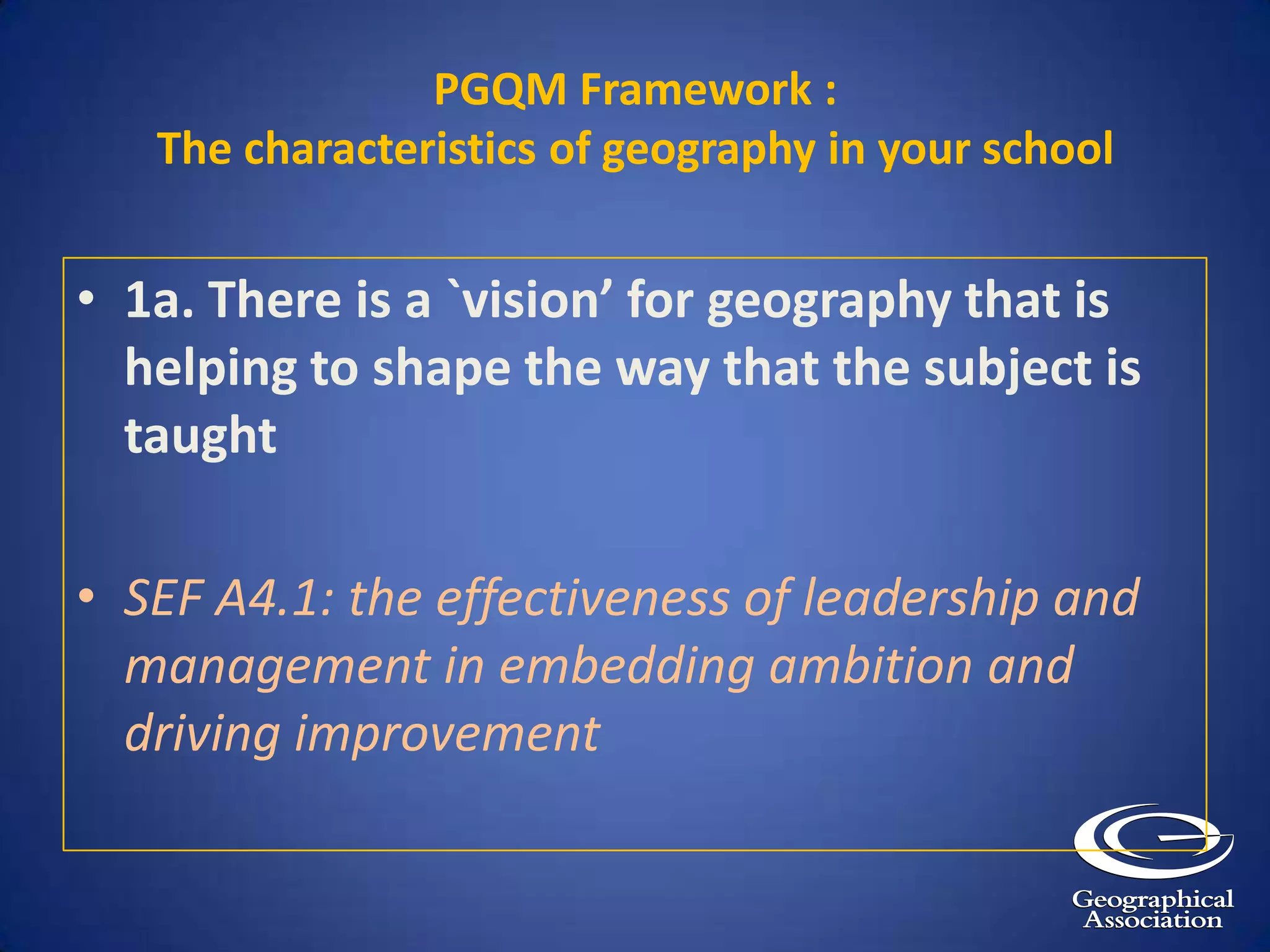  ... your collective 'vision' and 'aims' for the curriculum provide you with the tools to monitor how effectively the subject is being taught.Leader or manager?http://www.geography.org.uk/cpdevents/onlinecpd/primarysubjectleadership/avisionforgeography/