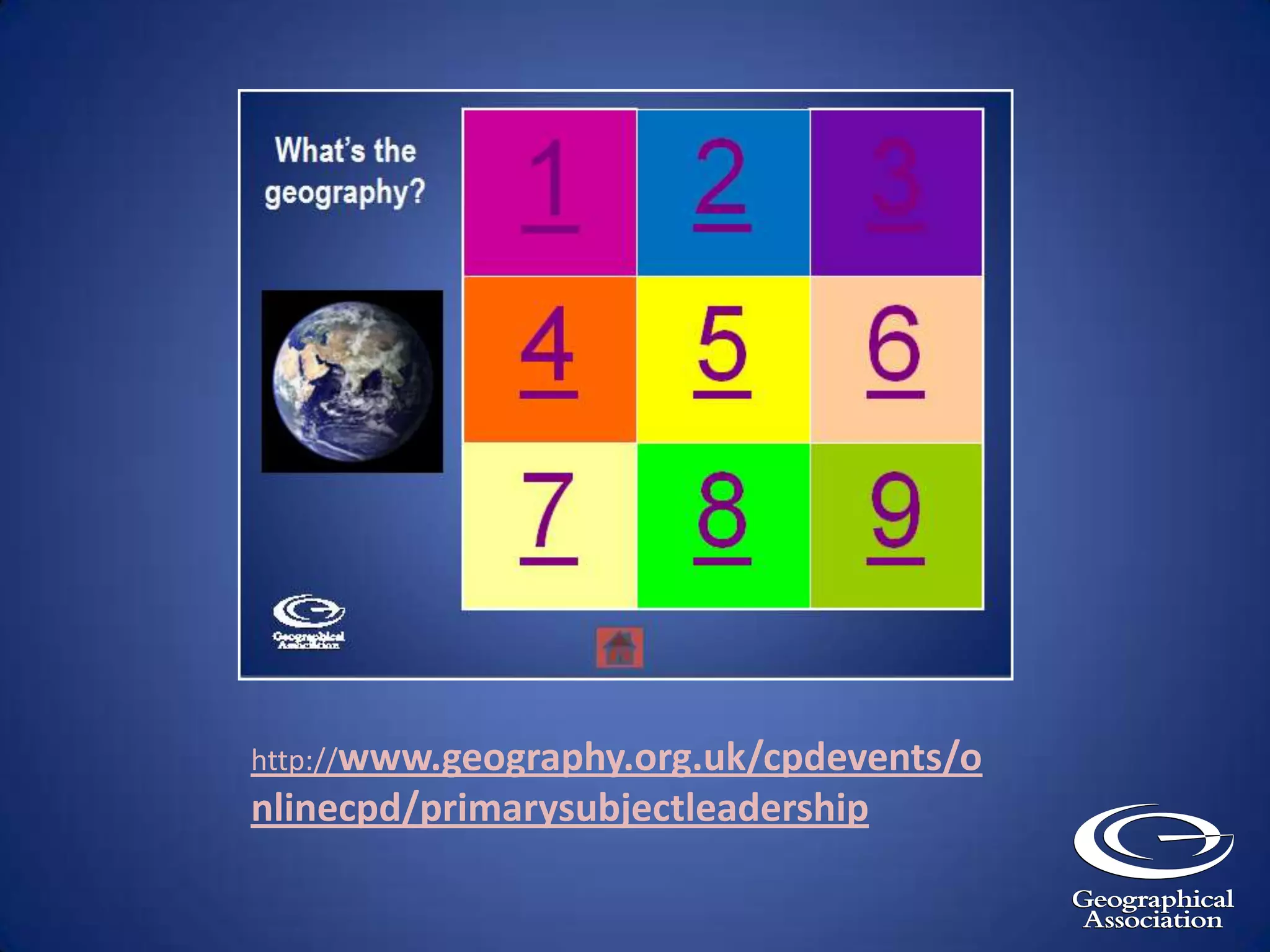 Geographical understanding is enhanced by:Fieldwork andoutdoor learningThe use of: graphicacy, ICT, distinctive ways of usingmaps, atlases,diagrams, images, multimedia, digital mappinguse of specific geographical vocabularyActiveenquiryskills which are applied to understanding place, space, scale, interdependence, physical & human processes, diversity, ESDValuing own experience of spaceandplace. PGQM 3:  The quality of provision