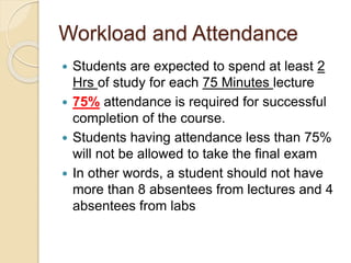 Workload and Attendance
 Students are expected to spend at least 2
Hrs of study for each 75 Minutes lecture
 75% attendance is required for successful
completion of the course.
 Students having attendance less than 75%
will not be allowed to take the final exam
 In other words, a student should not have
more than 8 absentees from lectures and 4
absentees from labs
 