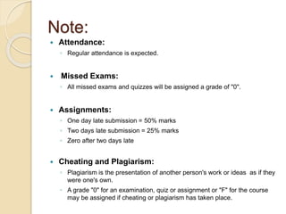 Note:
 Attendance:
◦ Regular attendance is expected.
 Missed Exams:
◦ All missed exams and quizzes will be assigned a grade of "0".
 Assignments:
◦ One day late submission = 50% marks
◦ Two days late submission = 25% marks
◦ Zero after two days late
 Cheating and Plagiarism:
◦ Plagiarism is the presentation of another person's work or ideas as if they
were one's own.
◦ A grade "0" for an examination, quiz or assignment or "F" for the course
may be assigned if cheating or plagiarism has taken place.
 