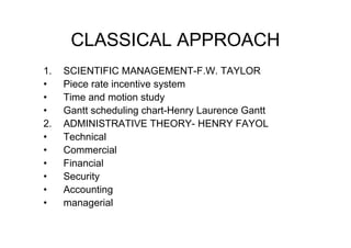 CLASSICAL APPROACH
1.   SCIENTIFIC MANAGEMENT-F.W. TAYLOR
•    Piece rate incentive system
•    Time and motion study
•    Gantt scheduling chart-Henry Laurence Gantt
2.   ADMINISTRATIVE THEORY- HENRY FAYOL
•    Technical
•    Commercial
•    Financial
•    Security
•    Accounting
•    managerial
 