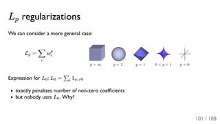 L regularizations
We can consider a more general case:
L = w
Expression for L : L = 1
exactly penalizes number of non-zero coefﬁcients
but nobody uses L . Why?
p
p
i
∑ i
p
0 0 ∑i w ≠0i
0
101 / 108
 