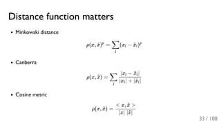 Distance function matters
Minkowski distance
ρ(x, ) = (x − )
Canberra
ρ(x, ) =
Cosine metric
ρ(x, ) =
x~ p
l
∑ l x~
l
p
x~
l
∑
∣x ∣ + ∣ ∣l x~
l
∣x − ∣l x~
l
x~
∣x∣ ∣ ∣x~
< x, >x~
33 / 108
 