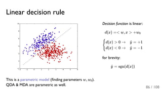 Linear decision rule
Decision function is linear:
d(x) =< w, x > +w
for brevity:
= sgn(d(x))
This is a parametric model (ﬁnding parameters w, w ).
QDA & MDA are parametric as well.
0
{
d(x) > 0 →
d(x) < 0 →
= +1y^
= −1y^
y^
0
86 / 108
 