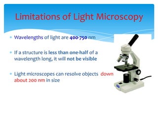 Limitations of Light Microscopy
Wavelengths of light are 400-750 nm
If a structure is less than one-half of a
wavelength long, it will not be visible
Light microscopes can resolve objects down to
about 200 nm in size
 