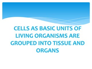 CELLS AS BASIC UNITS OF
LIVING ORGANISMS ARE
GROUPED INTO TISSUE AND
ORGANS
 