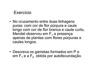 Exercício

• No cruzamento entre duas linhagens
  puras: com cor de flor púrpura e caule
  longo com cor de flor branca e caule curto,
  Mendel observou em F1 a presença
  apenas de plantas com flores púrpuras e
  caules longos.

• Descreva os gametas formados em P e
  em F1 e a F2 obtida por autofecundação.
 