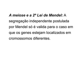 A meiose e a 2º Lei de Mendel: A
segregação independente postulada
por Mendel só é valida para o caso em
que os genes estejam localizados em
cromossomos diferentes.
 