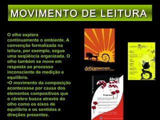 MOVIMENTO DE LEITURA
O olho explora
continuamente o ambiente. A
convenção formalizada na
leitura, por exemplo, segue
uma seqüência organizada. O
olho também se move em
resposta ao processo
inconsciente de medição e
equilíbrio.
•O movimento da composição
acontecesse por causa dos
elementos compositivos que
o cérebro busca através do
olho como os eixos de
equilíbrio e os sentidos e
direções presentes.

 