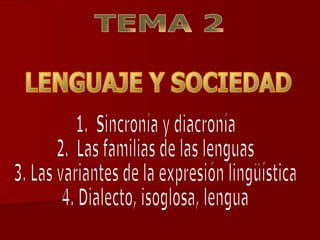 LENGUAJE Y SOCIEDAD TEMA 2 1.  Sincronía y diacronía 2.  Las familias de las lenguas 3. Las variantes de la expresión lingüística 4. Dialecto, isoglosa, lengua 