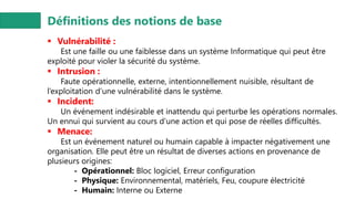 Définitions des notions de base
▪ Vulnérabilité :
Est une faille ou une faiblesse dans un système Informatique qui peut être
exploité pour violer la sécurité du système.
▪ Intrusion :
Faute opérationnelle, externe, intentionnellement nuisible, résultant de
l’exploitation d’une vulnérabilité dans le système.
▪ Incident:
Un événement indésirable et inattendu qui perturbe les opérations normales.
Un ennui qui survient au cours d’une action et qui pose de réelles difficultés.
▪ Menace:
Est un événement naturel ou humain capable à impacter négativement une
organisation. Elle peut être un résultat de diverses actions en provenance de
plusieurs origines:
- Opérationnel: Bloc logiciel, Erreur configuration
- Physique: Environnemental, matériels, Feu, coupure électricité
- Humain: Interne ou Externe
 