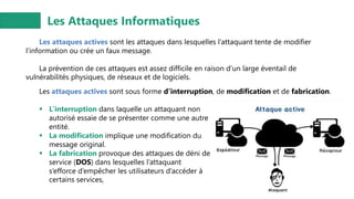 Les Attaques Informatiques
Les attaques actives sont les attaques dans lesquelles l’attaquant tente de modifier
l’information ou crée un faux message.
La prévention de ces attaques est assez difficile en raison d’un large éventail de
vulnérabilités physiques, de réseaux et de logiciels.
Les attaques actives sont sous forme d’interruption, de modification et de fabrication.
▪ L’interruption dans laquelle un attaquant non
autorisé essaie de se présenter comme une autre
entité.
▪ La modification implique une modification du
message original.
▪ La fabrication provoque des attaques de déni de
service (DOS) dans lesquelles l’attaquant
s’efforce d’empêcher les utilisateurs d’accéder à
certains services,
 