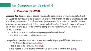 Les Composantes de sécurité
▪ Pare-feu (FireWall)
Un pare-feu (appelé aussi coupe-feu, garde-barrière ou firewall en anglais), est
un système permettant de protéger un ordinateur ou un réseau d'ordinateurs des
intrusions provenant d'un réseau tiers (notamment internet). Le pare-feu est un
système permettant de filtrer les paquets de données échangés avec le réseau, il
s'agit ainsi d'une passerelle filtrante comportant au minimum les interfaces
réseau suivante :
- une interface pour le réseau à protéger (réseau interne) ;
- une interface pour le réseau externe.
Un système pare-feu contient un ensemble de règles prédéfinies permettant :
- D'autoriser la connexion (allow) ;
- De bloquer la connexion (deny) ;
- De rejeter la demande de connexion sans avertir l'émetteur (drop)
 
