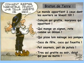 Breton de Terre :
• Le monde appartient à ceux dont
  les ouvriers se lèvent tôt !
• Caleçon qui gratte, morpions qui
  squattent !
• Qui mange un oignon, rote
  comme un démon !
• Qui pisse loin ménage ses pompes
• Caca de fête, caca qui fouette !
• Pet sournois, pet de putois !
• Trou qui gratte au soir, doigt
  qui pue au matin !
 