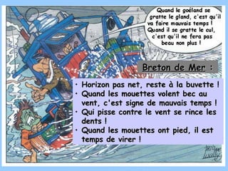 Breton de Mer :
• Horizon pas net, reste à la buvette !
• Quand les mouettes volent bec au
  vent, c'est signe de mauvais temps !
• Qui pisse contre le vent se rince les
  dents !
• Quand les mouettes ont pied, il est
  temps de virer !
 