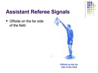 Assistant Referee Signals <ul><li>Offside on the far side of the field </li></ul>