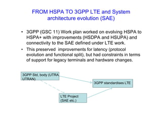 FROM HSPA TO 3GPP LTE and System
architecture evolution (SAE)
• 3GPP (GSC 11) Work plan worked on evolving HSPA to
HSPA+ with improvements (HSDPA and HSUPA) and
connectivity to the SAE defined under LTE work.
• This preserved improvements for latency (protocol
evolution and functional split), but had constraints in terms
of support for legacy terminals and hardware changes.
3GPP Std, body (UTRA,
UTRAN)
LTE Project
(SAE etc.)
3GPP standardises LTE
 