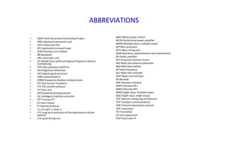 ABBREVIATIONS
• 3GPP Third GenerationPartnership Project
• AMC Advanced mezzanine card
• ATCA Advanced TCA
• ATL Application transport layer
• AUM Auxiliary unit module
• BB Baseband
• CBU Cello basic unit
• CP-OFDM Cyclic-prefix orthogonal frequency-division
multiplexing
• CPP Cello processor platform
• DPD Digitalpre-distortion
• DSP Digitalsignal processor
• eNB Evolved Node-B
• FDMA Frequency-division multipleaccess
• FFT Fast Fourier Transform
• FTP File transfer protocol
• FU Filter unit
• GPS Global positioning system
• I2C Intelligent interface controller
• IFFT Inverse FFT
• IO Input-output
• IP Internet protocol
• L1, L2 Layer-1, layer-2
• LTE Long-term evolution of third-generationcellular
systems
• LTU Local timing unit
MAC Media access control
MCPA Multicarrierpower amplifier
MIMO Multiple input, multipleoutput
MP Main processor
MTU Main timing unit
OAM Operation, administration and maintenance
PA Power amplifier
PEC Processor element cluster
RAS Radio and antenna subsystem
RBS Radio base station
RF Radio frequency
RLC Radio link controller
RUIF Radio unit interface
RX Receiver
RXIF Receiver interface
RXRF1 ReceiverRF1
RXRF2 ReceiverRF2
SIMO Single input, multipleoutput
SISO Single input, single output
TCA Telecom computing architecture
TCP Transport control protocol
TOR Transmit observation receiver
TRX Transceiver
TX Transmitter
UE User equipment
VoIP Voice over IP
 