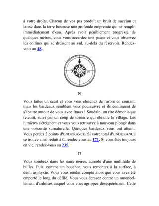 à votre droite. Chacun de vos pas produit un bruit de succion et
laisse dans la terre boueuse une profonde empreinte qui se remplit
immédiatement d'eau. Après avoir péniblement progressé de
quelques mètres, vous vous accordez une pause et vous observez
les collines qui se dressent au sud, au-delà du réservoir. Rendez-
vous au 48.
66
Vous faites un écart et vous vous éloignez de l'arbre en courant,
mais les bardeaux semblent vous poursuivre et ils continuent de
s'abattre autour de vous avec fracas ! Soudain, un rire démoniaque
retentit, suivi par un coup de tonnerre qui ébranle le village. Les
lumières s'éteignent et vous vous retrouvez à nouveau plongé dans
une obscurité surnaturelle. Quelques bardeaux vous ont atteint.
Vous perdez 2 points d'ENDURANCE. Si votre total d'ENDURANCE
se trouve ainsi réduit à 0, rendez-vous au 171. Si vous êtes toujours
en vie, rendez-vous au 235.
67
Vous sombrez dans les eaux noires, auréolé d'une multitude de
bulles. Puis, comme un bouchon, vous remontez à la surface, à
demi asphyxié. Vous vous rendez compte alors que vous avez été
emporté le long du défilé. Vous vous écrasez contre un amoncel-
lement d'ardoises auquel vous vous agrippez désespérément. Cette
 