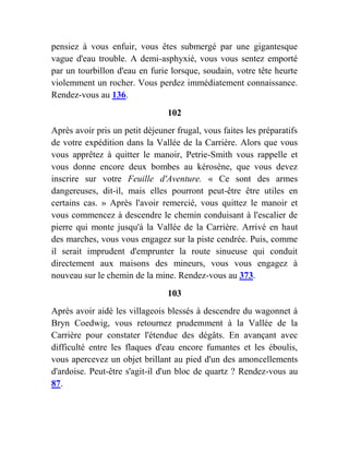 pensiez à vous enfuir, vous êtes submergé par une gigantesque
vague d'eau trouble. A demi-asphyxié, vous vous sentez emporté
par un tourbillon d'eau en furie lorsque, soudain, votre tête heurte
violemment un rocher. Vous perdez immédiatement connaissance.
Rendez-vous au 136.
102
Après avoir pris un petit déjeuner frugal, vous faites les préparatifs
de votre expédition dans la Vallée de la Carrière. Alors que vous
vous apprêtez à quitter le manoir, Petrie-Smith vous rappelle et
vous donne encore deux bombes au kérosène, que vous devez
inscrire sur votre Feuille d'Aventure. « Ce sont des armes
dangereuses, dit-il, mais elles pourront peut-être être utiles en
certains cas. » Après l'avoir remercié, vous quittez le manoir et
vous commencez à descendre le chemin conduisant à l'escalier de
pierre qui monte jusqu'à la Vallée de la Carrière. Arrivé en haut
des marches, vous vous engagez sur la piste cendrée. Puis, comme
il serait imprudent d'emprunter la route sinueuse qui conduit
directement aux maisons des mineurs, vous vous engagez à
nouveau sur le chemin de la mine. Rendez-vous au 373.
103
Après avoir aidé les villageois blessés à descendre du wagonnet à
Bryn Coedwig, vous retournez prudemment à la Vallée de la
Carrière pour constater l'étendue des dégâts. En avançant avec
difficulté entre les flaques d'eau encore fumantes et les éboulis,
vous apercevez un objet brillant au pied d'un des amoncellements
d'ardoise. Peut-être s'agit-il d'un bloc de quartz ? Rendez-vous au
87.
 