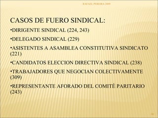 RAFAEL PEREIRA 2009 
60 
CASOS DE FUERO SINDICAL: 
•DIRIGENTE SINDICAL (224, 243) 
•DELEGADO SINDICAL (229) 
•ASISTENTES A ASAMBLEA CONSTITUTIVA SINDICATO 
(221) 
•CANDIDATOS ELECCION DIRECTIVA SINDICAL (238) 
•TRABAJADORES QUE NEGOCIAN COLECTIVAMENTE 
(309) 
•REPRESENTANTE AFORADO DEL COMITÉ PARITARIO 
(243) 

