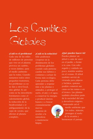 118
¿Cuál es el problema?
Cada una de las miles
de millones de personas
que vive en el planeta
provoca un cambio,
a veces dañino, para
el medio ambiente
que la rodea. Cuando
sumamos todos estos
pequeños trastornos,
los problemas ya no
se dan a nivel local,
sino global. Es así
como se ha descubierto
fenómenos como el
calentamiento global,
la reducción de la
biodiversidad y el
adelgazamiento de la
capa de ozono, que
afectan al planeta
completo.
¿Cuál es la solución?
Sólo podremos
cooperar en la
disminución de los
problemas globales
cuando cada persona
cambie sus hábitos y
comience a actuar de
forma más ecológica.
Cada persona debe
aprender a respetar
más a las plantas y
animales; a proteger el
suelo, el aire y el agua;
a conservar la energía;
a producir menos
basura y a buscar
constantemente
nuevas
maneras de
ayudar a la
naturaleza
a mantenerse
limpia.
¿Qué puedes hacer tú?
Puedes plantar un
árbol (o más de uno)
en el jardín, o frente
a tu casa. Con solo
regarlo y cuidarlo un
poco, tendrás sombra
en el verano. El árbol
también servirá de
vivienda para pájaros
y bichitos, quienes
podrán construir sus
casas en las ramas o en
el tronco. Las plantas
también absorben parte
de la suciedad del aire
y devuelven oxígeno,
mejorando así el
medio ambiente que
los rodea. Además,
protegen al suelo
de la erosión y
hermosean el paisaje.
Los Cambios
Globales
 
