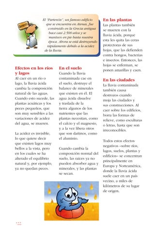 122
El “Partenón”, un famoso edificio
que se encuentra en Atenas, fue
construido en la Grecia antigua
hace casi 2.500 años y se
mantuvo en pie hasta nuestra
época. Ahora se está destruyendo
rápidamente debido a la acidez
de la lluvia.
Efectos en los ríos
y lagos
Al caer en un río o
lago, la lluvia ácida
cambia la composición
natural de las aguas.
Cuando esto sucede, las
plantas acuáticas y los
peces pequeños, que
son muy sensibles a las
variaciones de acidez
del agua, se mueren.
La acidez es invisible,
lo que quiere decir
que existen lagos muy
bellos a la vista, pero
en los cuales se ha
alterado el equilibrio
natural y, por ejemplo,
ya no quedan peces.
En el suelo
Cuando la lluvia
contaminada cae en
el suelo, destruye el
balance de minerales
que existen en él. El
agua ácida disuelve
y traslada de la
tierra algunos de los
nutrientes que las
plantas necesitan, como
el calcio y el magnesio,
y a la vez libera otros
que son dañinos, como
el aluminio.
Cuando cambia la
composición normal del
suelo, las raíces ya no
pueden absorber agua y
minerales, y las plantas
se secan.
En las plantas
Las plantas también
se mueren con la
lluvia ácida, porque
esta les quita las ceras
protectoras de sus
hojas, que las defienden
contra hongos, bacterias
e insectos. Entonces, las
hojas se enferman, se
ponen amarillas y caen.
En las ciudades
La lluvia contaminada
también causa
destrozos cuando
moja las ciudades y
sus construcciones. Al
caer sobre los edificios,
borra las formas de
relieve, como esculturas
o letras, hasta que son
irreconocibles.
Todos estos efectos
negativos –sobre ríos,
lagos, suelos, plantas y
edificios– se concentran
principalmente en
Europa y Norteamérica,
donde la lluvia ácida
suele caer en un país
vecino, a miles de
kilómetros de su lugar
de origen.
 
