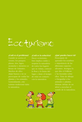154
¿Cuál es el problema?
Cuando se acerca el
verano, los parques,
plazas, ríos, lagos,
montañas y desiertos se
llenan de visitantes.
Muchos de ellos
dejan basura y no se
preocupan de cuidar las
plantas y los animales.
Generalmente, este
turismo tradicional daña
la naturaleza.
Ecoturismo
¿Cuál es la solución?
Hacer ecoturismo.
Esto implica cuidar y
respetar la naturaleza
de todos los lugares
que se visitan, conocer
la flora y la fauna del
lugar y darse el tiempo
de estar en contacto
con la naturaleza.
¿Qué puedes hacer tú?
Preocúpate de
aprender los nombres
e importancia de las
diferentes especies
silvestres. Averigua lo
que dice el folklore
y las leyendas sobre
ellos. Trata de dibujar
o fotografiar a los
animales o plantas.
Siéntate debajo de un
árbol a escuchar el
sonido de la naturaleza.
 