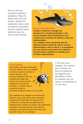 24
Pero no solo nos
ayudan los peludos y
plumíferos. Hasta los
bichos más raros son
buenos. Además de
mantenerse unos a otros
en números razonables,
muchos animales hacen
productos que nos
sirven como remedio.
¿Y las arañas?
Las arañas, a las que tanta gente
les tiene miedo o asco, en realidad
nos hacen un favor enorme al
comer moscas y otros
insectos molestosos.Por eso,
la gente que tenga una
araña en su pieza, podría
adoptarla y ponerle un
nombre y, a cambio, ella le
ayudaría a que los
zancudos le piquen menos en las noches.
Ten cuidado de no adoptar una“Araña del
Rincón”, que es uno de los pocos animales
venenosos de Chile.Ellas no superan los 3
centímetros, incluyendo sus patas que son
relativamente gruesas.Su cuerpo está claramente
dividido en dos secciones de color café.Sin
embargo, la sección de atrás suele tener una
mancha rojiza.No son peludas.
El caso de los tiburones.
Al poner al tiburón en peligro de
desaparecer, estamos perdiendo a uno
de los animales más prometedores en el
estudio de los sistemas de defensa contra las
enfermedades.
Los científicos han encontrado que los
tiburones jamás sufren de cáncer ni otras
enfermedades como el cólera, y se preguntan
por qué. Quizás al encontrar la respuesta,
encontraremos también un remedio para
terribles enfermedades.
Y así como estos
ejemplos, hay muchos
más. Si trataras de
hacer un trabajo de
investigación que
describiera a todos
los animales que nos
sirven, no terminarías ni
en cien años.
 