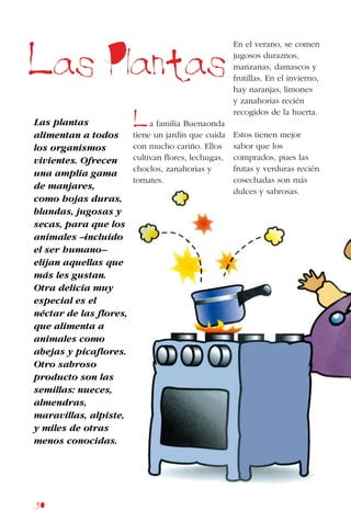 30
Las Plantas
Las plantas
alimentan a todos
los organismos
vivientes. Ofrecen
una amplia gama
de manjares,
como hojas duras,
blandas, jugosas y
secas, para que los
animales –incluido
el ser humano–
elijan aquellas que
más les gustan.
Otra delicia muy
especial es el
néctar de las flores,
que alimenta a
animales como
abejas y picaflores.
Otro sabroso
producto son las
semillas: nueces,
almendras,
maravillas, alpiste,
y miles de otras
menos conocidas.
a familia Buenaonda
tiene un jardín que cuida
con mucho cariño. Ellos
cultivan flores, lechugas,
choclos, zanahorias y
tomates.
L
En el verano, se comen
jugosos duraznos,
manzanas, damascos y
frutillas. En el invierno,
hay naranjas, limones
y zanahorias recién
recogidos de la huerta.
Estos tienen mejor
sabor que los
comprados, pues las
frutas y verduras recién
cosechadas son más
dulces y sabrosas.
 