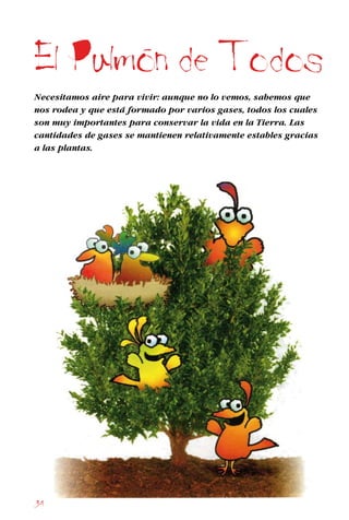 34
El Pulmon de Todos
Necesitamos aire para vivir: aunque no lo vemos, sabemos que
nos rodea y que está formado por varios gases, todos los cuales
son muy importantes para conservar la vida en la Tierra. Las
cantidades de gases se mantienen relativamente estables gracias
a las plantas.
 