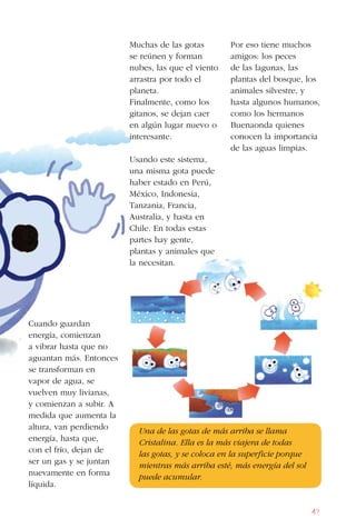 49
Cuando guardan
energía, comienzan
a vibrar hasta que no
aguantan más. Entonces
se transforman en
vapor de agua, se
vuelven muy livianas,
y comienzan a subir. A
medida que aumenta la
altura, van perdiendo
energía, hasta que,
con el frío, dejan de
ser un gas y se juntan
nuevamente en forma
líquida.
Muchas de las gotas
se reúnen y forman
nubes, las que el viento
arrastra por todo el
planeta.
Finalmente, como los
gitanos, se dejan caer
en algún lugar nuevo o
interesante.
Usando este sistema,
una misma gota puede
haber estado en Perú,
México, Indonesia,
Tanzania, Francia,
Australia, y hasta en
Chile. En todas estas
partes hay gente,
plantas y animales que
la necesitan.
Por eso tiene muchos
amigos: los peces
de las lagunas, las
plantas del bosque, los
animales silvestre, y
hasta algunos humanos,
como los hermanos
Buenaonda quienes
conocen la importancia
de las aguas limpias.
Una de las gotas de más arriba se llama
Cristalina. Ella es la más viajera de todas
las gotas, y se coloca en la superficie porque
mientras más arriba esté, más energía del sol
puede acumular.
 