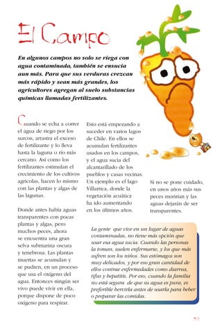 59
El Campo
En algunos campos no solo se riega con
agua contaminada, también se ensucia
aun más. Para que sus verduras crezcan
más rápido y sean más grandes, los
agricultores agregan al suelo substancias
químicas llamadas fertilizantes.
Cuando se echa a correr
el agua de riego por los
surcos, arrastra el exceso
de fertilizante y lo lleva
hasta la laguna o río más
cercano. Así como los
fertilizantes estimulan el
crecimiento de los cultivos
agrícolas, hacen lo mismo
con las plantas y algas de
las lagunas.
Donde antes había aguas
transparentes con pocas
plantas y algas, pero
muchos peces, ahora
se encuentra una gran
selva submarina oscura
y tenebrosa. Las plantas
muertas se acumulan y
se pudren, en un proceso
que usa el oxígeno del
agua. Entonces ningún ser
vivo puede vivir en ella,
porque dispone de poco
oxígeno para respirar.
Esto está empezando a
suceder en varios lagos
de Chile. En ellos se
acumulan fertilizantes
usados en los campos,
y el agua sucia del
alcantarillado de los
pueblos y casas vecinas.
Un ejemplo es el lago
Villarrica, donde la
vegetación acuática
ha ido aumentando
en los últimos años.
Si no se pone cuidado,
en unos años más sus
peces morirían y las
aguas dejarán de ser
transparentes.
La gente que vive en un lugar de aguas
contaminadas, no tiene más opción que
usar esa agua sucia. Cuando las personas
la toman, suelen enfermarse, y los que más
sufren son los niños. Sus estómagos son
muy delicados, y por eso gran cantidad de
ellos contrae enfermedades como diarrea,
tifus y hepatitis. Por eso, cuando la familia
no está segura de que su agua es pura, es
preferible hervirla antes de usarla para beber
o preparar las comidas.
 