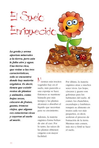 88
La greda y arena
aportan minerales
a la tierra, pero aún
le falta aire y agua.
Una tierra rica,
que reúne a las tres
características,
solo se encuentra
donde hay materia
orgánica. Es decir,
tienen que existir
restos de plantas
y animales, como
hojas secas,
cáscara de frutas,
guano, troncos
viejos, que alguna
vez estuvieron vivas
y cayeron al suelo
al morir.
El Suelo
Enriquecido
Mientras más trocitos
vegetales hay en el
suelo, más parecido a
una esponja se hace.
Entonces se mantiene
húmedo por más
tiempo y las plantas
alcanzan a absorber el
líquido que necesitan
para su crecimiento.
Además, la materia
orgánica forma bolsas
de aire al caer. Por
lo tanto, las raíces de
las plantas obtienen
oxígeno con mayor
facilidad.
Por último, la materia
orgánica atrae a muchos
seres vivos. Las hojas,
cáscaras y guano son
golosinas para los
habitantes del suelo. Al
comer, los chanchitos,
escarabajos y lombrices
rompen su alimento en
trozos cada vez más
pequeños, es decir,
aceleran el proceso de
formación de la tierra.
Mientras más comen,
más rico y fértil se hace
el suelo.
 