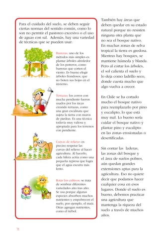 96
También hay áreas que
deben quedar en su estado
natural porque no resisten
ninguna otra planta que
no sea el bosque nativo.
En muchas zonas de selva
tropical la tierra es gredosa.
Mientras hay bosques, se
mantiene húmeda y blanda.
Pero al cortar los árboles,
el sol calienta el suelo y
lo deja como ladrillo seco,
donde cuesta mucho que
algo vuelva a crecer.
En Chile se ha cortado
mucho el bosque nativo
para reemplazarlo por pino
y eucalipto, lo que está
muy mal. Lo bueno sería
cuidar el bosque nativo y
plantar pino y eucalipto
en las zonas erosionadas o
desertificadas.
Sin contar las laderas,
las zonas del bosque y
el área de suelos pobres,
aún quedan grandes
extensiones aptas para la
agricultura. Eso no quiere
decir que podamos hacer
cualquier cosa en esos
lugares. Donde el suelo es
bueno, debemos practicar
una agricultura que
mantenga la riqueza del
suelo a través de muchos
años.
Barreras: uno de los
métodos más simples es
plantar árboles alrededor
de los potreros, como
barreras que corten el
viento. Es bueno elegir
árboles frondosos, que
no boten sus hojas en el
invierno.
Terrazas: los cerros con
mucha pendiente fueron
usados por los incas
creando terrazas, como
una gran escalinata que
sujeta la tierra con muros
de piedras. Es una técnica
todavía muy valiosa y
apropiada para los terrenos
con pendiente.
Curvas de relieve: es
preciso respetar las
curvas del relieve al hacer
agricultura. Al hacerlo,
cada hilera actúa como una
pequeña represa que logra
que el agua escurra más
lento.
Rotar los cultivos: se trata
de sembrar diferentes
variedades año tras año.
Se usa porque algunas
especies absorben muchos
nutrientes y empobrecen el
suelo, por ejemplo, el maíz.
Otras agregan nutrientes,
como el trébol.
Para el cuidado del suelo, se deben seguir
ciertas normas del sentido común, como lo
son no permtir el pastoreo excesivo o el uso
de aguas con sal. Además, hay una variedad
de técnicas que se pueden usar:
 