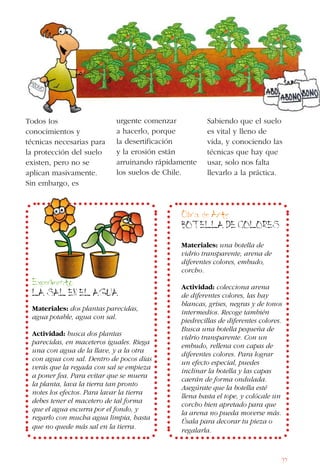 97
Todos los
conocimientos y
técnicas necesarias para
la protección del suelo
existen, pero no se
aplican masivamente.
Sin embargo, es
urgente comenzar
a hacerlo, porque
la desertificación
y la erosión están
arruinando rápidamente
los suelos de Chile.
Sabiendo que el suelo
es vital y lleno de
vida, y conociendo las
técnicas que hay que
usar, solo nos falta
llevarlo a la práctica.
Obra de Arte
BOTELLA DE COLORES
Materiales: una botella de
vidrio transparente, arena de
diferentes colores, embudo,
corcho.
Actividad: colecciona arena
de diferentes colores, las hay
blancas, grises, negras y de tonos
intermedios. Recoge también
piedrecillas de diferentes colores.
Busca una botella pequeña de
vidrio transparente. Con un
embudo, rellena con capas de
diferentes colores. Para lograr
un efecto especial, puedes
inclinar la botella y las capas
caerán de forma ondulada.
Asegúrate que la botella esté
llena hasta el tope, y colócale un
corcho bien apretado para que
la arena no pueda moverse más.
Úsala para decorar tu pieza o
regalarla.
Experimento
LA SAL EN EL AGUA
Materiales: dos plantas parecidas,
agua potable, agua con sal.
Actividad: busca dos plantas
parecidas, en maceteros iguales. Riega
una con agua de la llave, y a la otra
con agua con sal. Dentro de pocos días
verás que la regada con sal se empieza
a poner fea. Para evitar que se muera
la planta, lava la tierra tan pronto
notes los efectos. Para lavar la tierra
debes tener el macetero de tal forma
que el agua escurra por el fondo, y
regarlo con mucha agua limpia, hasta
que no quede más sal en la tierra.
 