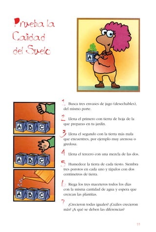 99
Busca tres envases de jugo (desechables),
del mismo porte.
Llena el primero con tierra de hoja de la
que preparas en tu jardín.
Llena el segundo con la tierra más mala
que encuentres, por ejemplo muy arenosa o
gredosa.
Llena el tercero con una mezcla de las dos.
Humedece la tierra de cada tiesto. Siembra
tres porotos en cada uno y tápalos con dos
centímetros de tierra.
Riega los tres maceteros todos los días
con la misma cantidad de agua y espera que
crezcan las plantitas.
¿Crecieron todas iguales? ¿Cuáles crecieron
más? ¿A qué se deben las diferencias?
Prueba la
Calidad
del Suelo
1
2
3
4
5
6
7
 