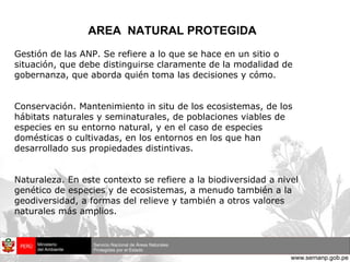 AREA  NATURAL PROTEGIDA Gestión de las ANP. Se refiere a lo que se hace en un sitio o situación, que debe distinguirse claramente de la modalidad de gobernanza, que aborda quién toma las decisiones y cómo. Conservación. Mantenimiento in situ de los ecosistemas, de los hábitats naturales y seminaturales, de poblaciones viables de especies en su entorno natural, y en el caso de especies domésticas o cultivadas, en los entornos en los que han desarrollado sus propiedades distintivas. Naturaleza. En este contexto se refiere a la biodiversidad a nivel genético de especies y de ecosistemas, a menudo también a la geodiversidad, a formas del relieve y también a otros valores naturales más amplios. 