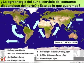 1 4 2 3 6 5 6 5 7 ¿La agroenergía del sur al servicio del consumo dispendioso del norte? ¿Esto es lo que queremos? 1 – de Brasil para el Caribe 2 – del Caribe para los Estados Unidos 3 – del Brasil para Europa 4 – del Brasil para los EUA 5 – del Brasil para Asia (India, Corea y Japón) 6 – de África del Sur para Europa y Asia 7 – de Tailandia para Japón Fuente: F.O. LICHTS - 2005 