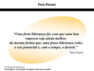 Para Pensar




        “Uma forte liderança faz com que uma boa
                empresa seja ainda melhor,
      da mesma forma que, uma fraca liderança reduz
         o seu potencial e, com o tempo, o destrói.”
                                                               Ram Charan




Por Daniel de Carvalho Luz
Escola Bíblica - Comunidade Evangélica Cristo para as Nações
 