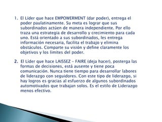 1. El Líder que hace EMPOWERMENT (dar poder), entrega el
poder paulatinamente. Su meta es lograr que sus
subordinados actúen de manera independiente. Por ello
traza una estrategia de desarrollo y crecimiento para cada
uno. Está orientado a sus subordinados, les entrega
información necesaria, facilita el trabajo y elimina
obstáculos. Comparte su visión y define claramente los
objetivos y los límites del poder.

2. El Líder que hace LAISSEZ – FAIRE (deja hacer), posterga las
formas de decisiones, está ausente y tiene poca
comunicación. Nunca tiene tiempo para desarrollar labores
de liderazgo con seguidores. Con este tipo de liderazgo, si
hay logros es gracias al esfuerzo de algunos subordinados
automotivados que trabajan solos. Es el estilo de Liderazgo
menos efectivo.

 