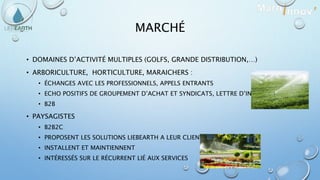MARCHÉ
• DOMAINES D’ACTIVITÉ MULTIPLES (GOLFS, GRANDE DISTRIBUTION,…)
• ARBORICULTURE, HORTICULTURE, MARAICHERS :
• ÉCHANGES AVEC LES PROFESSIONNELS, APPELS ENTRANTS
• ECHO POSITIFS DE GROUPEMENT D’ACHAT ET SYNDICATS, LETTRE D’INTENTION
• B2B
• PAYSAGISTES
• B2B2C
• PROPOSENT LES SOLUTIONS LIEBEARTH A LEUR CLIENTS
• INSTALLENT ET MAINTIENNENT
• INTÉRESSÉS SUR LE RÉCURRENT LIÉ AUX SERVICES
 