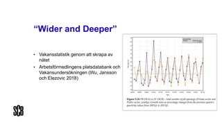 “Wider and Deeper”
• Vakansstatistik genom att skrapa av
nätet
• Arbetsförmedlingens platsdatabank och
Vakansundersökningen (Wu, Jansson
och Elezovic 2018)
 