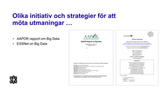Olika initiativ och strategier för att
möta utmaningar …
• AAPOR rapport om Big Data
• ESSNet on Big Data
 