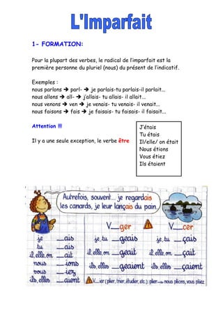 1- FORMATION:
Pour la plupart des verbes, le radical de l’imparfait est la
première personne du pluriel (nous) du présent ...