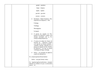 grande – grandeza

             limpo – limpeza

             rápido – rapidez

            grávido – gravidez

            escasso – escassez

       Desinência Modo-Temporal Pret.
        Imperfeito do Subjuntivo -SSE

        Cantasse

        Vendesse

        Brincássemos

        Lavassem

       3ª pessoa do singular do Pret.
        Perfeito do Indicativo sempre com
        ditongo terminado com u. Ex:
        cantou/vendeu/abriu/lavou

       3ª pessoa do plural do Futuro do
        Presente do      Indicativo sempre
        com -ão (por ser tônica) cantarão, -
        venderão, partirão, diferente da 3ª
        pessoa do singular do Pret. Perfeito
        do Indicativo - am (por ser átona)
        venderam, partiram, cantaram.

       Sufixo – oso formador de adjetivos
        a partir de substantivos:

Ex: corajoso/gostoso/feioso/meloso

    Sufixo – izar para formar verbos.

Ex: legalizar/agilizar/uniformizar (situação
diferente de analisar em que se acrescentou
apenas – ar)
 
