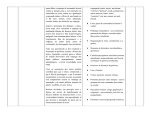 textos lidos, o emprego da pontuação, deverá         conjugação (partir, sorrir), nas formas
chamar a atenção para as reais intenções do          “sorrisse”, “partisse”, sendo contrapostos a
enunciador do texto, inferir se a pontuação          outras palavras, como “tolice”,
empregada traduz o óbvio de sua função ou            “meninice”; por que, porque, por quê,
se há outro sentido, como admiração,                 porquê.
censura, humor, por detrás de seu emprego.
                                                    Casos gerais de concordância nominal e
Quanto à pontuação dos diálogos, o aluno,            verbal.
nessa etapa, deve consolidar o emprego da
sinalização clássica do discurso direto: dois       Pontuação (importância e uso contextual):
pontos para anunciar a fala da personagem,           pontuação do diálogo, travessão duplo,
parágrafo com travessão para indicar a fala          dois pontos, reticências.
propriamente dita da personagem e o
emprego do ponto final, ponto de                    Diagramação do texto, considerando-se o
exclamação, de interrogação, das reticências.        gênero.

Todo esse aprendizado se dará mediante a            Manuseio de dicionário, enciclopédias e
orientação do professor, durante a leitura dos       gramáticas.
textos, chamando a atenção para os efeitos
                                                    Classificação quanto à tonicidade (oxítona,
de sentido provocados pelo emprego dos
                                                     paroxítona e proparoxítona), com foco na
sinais gráficos, principalmente, nessas
                                                     acentuação de palavras conhecidas.
aprendizagens a serem consolidadas nessa
etapa.                                              Processos de formação de palavras.
Fazer as encenações dos textos também
                                                    Usos e funções.
contribui para que o aluno compreenda o
que é fala da personagem, o que é narração          Verbos: pretérito, presente e futuro.
(em primeira ou terceira pessoa), associando
essa compreensão textual ao emprego da              Pronomes pessoais (reto, oblíquo) – uso do
pontuação e de sinais gráficos próprios do           pronome no texto, realçando seus efeitos
gênero escolhido, em seus textos.                    na coesão.

Realizar atividades, em princípio orais e,          Marcadores textuais (artigo, preposição e
depois, por escrito, de transformação de             conjunção – sem nomeação, com foco na
discurso indireto em discurso direto e vice-         paragrafação)
versa também fortalece esse aprendizado, já
que favorece a percepção de quem são os             Elementos coesivos (progressão temática).
interlocutores dentro do texto.
 